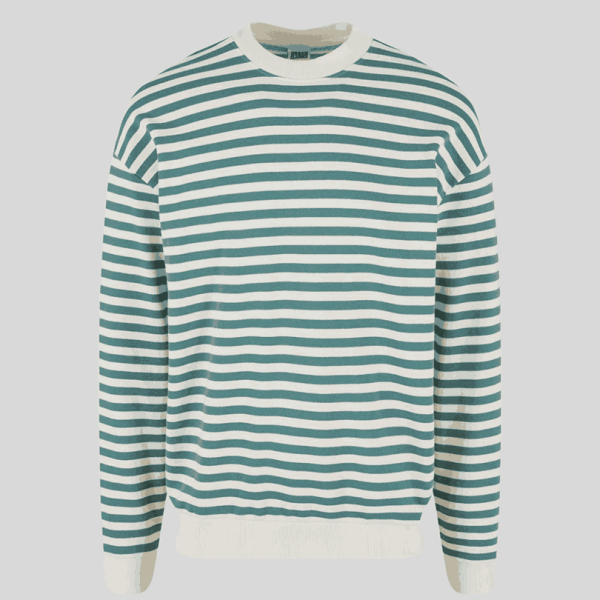 Button-Back Striped Crewneck Sweater