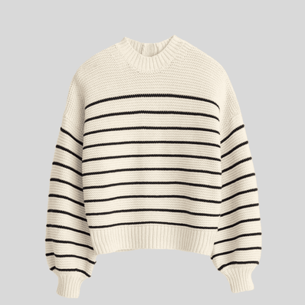 Button-Back Striped Crewneck Sweater