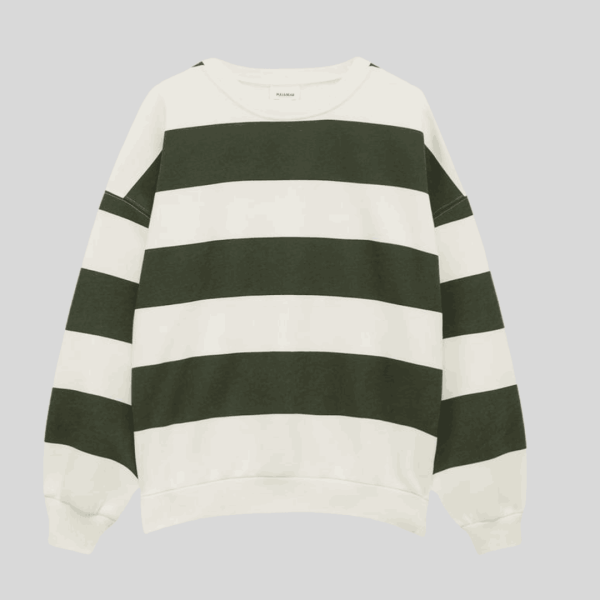 Button-Back Striped Crewneck Sweater