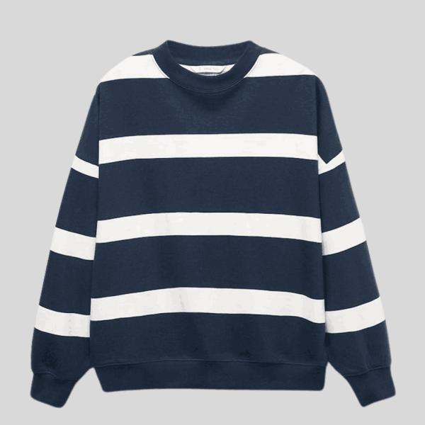 Button-Back Striped Crewneck Sweater